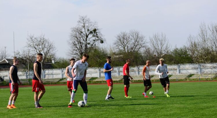 Fußballspieler wärmen sich gemeinsam auf einem Rasenplatz auf